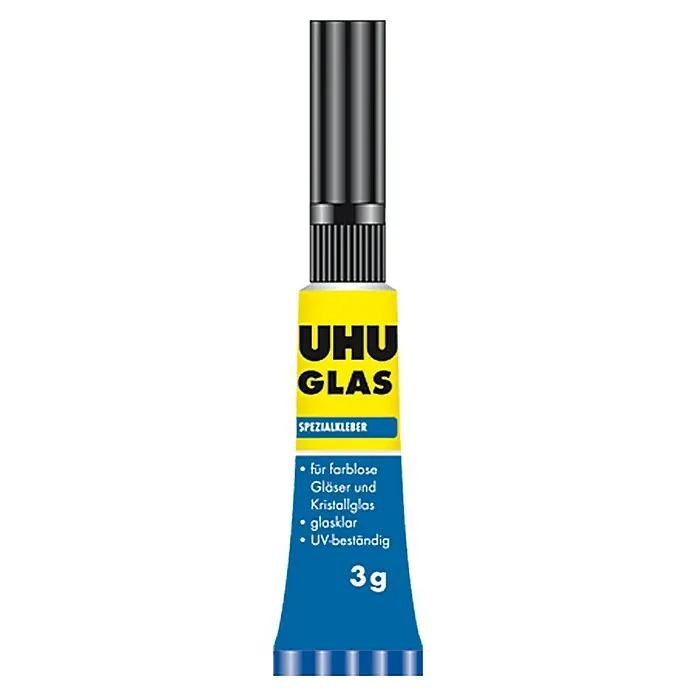 UHU Spezialkleber Glas - 2 g - Nahaufnahme einer Tube UHU Glas Spezialkleber, ideal zum Kleben von Glas und Kristallglas, glasklar und UV-beständig, mit 3g Inhalt.