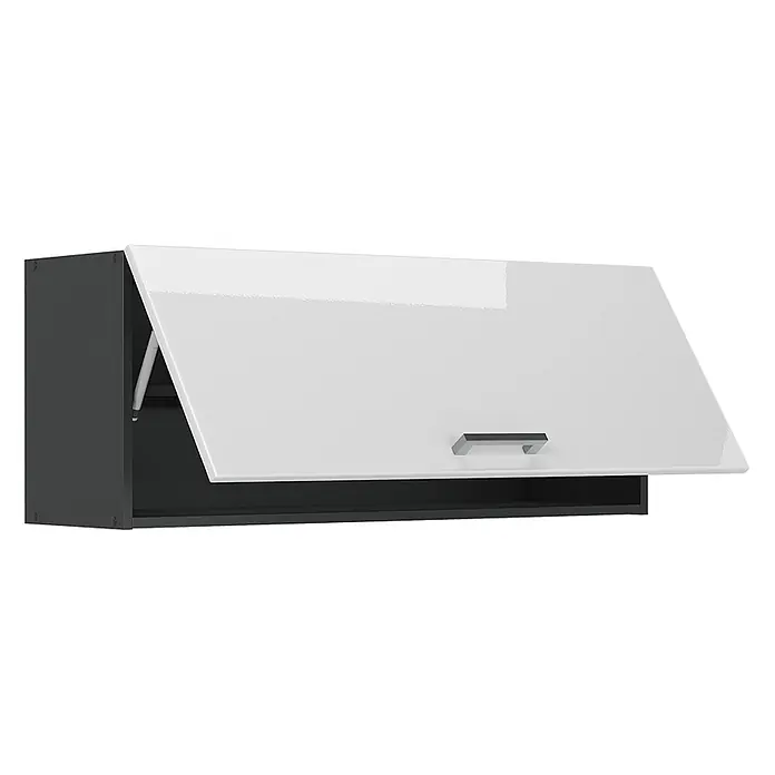 Hängeschrank R-Line 100 cm Weiß Hochglanz Art.-Nr. 63172 -  - Dunkelgrauer Wandschrank mit glänzender, weißer Klapptür und silbernem Griff.