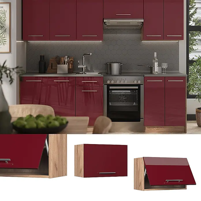 Hängeschrank Fame-Line 60 cm Bordeaux Hochglanz Art.-Nr. 61556 -  - Rote Hochglanz-Küchenzeile mit hellen Holzelementen in modernem Küchendesign.