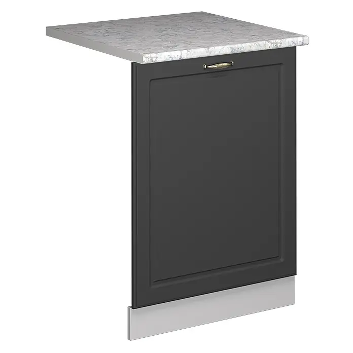 Geschirrspülblende Fame-Line 60 cm Anthrazit-Gold Landhaus Art.-Nr. 55296 -  - Dunkelgraue Küchenschranktür, weiße Marmor-Arbeitsplatte und hellgrauer Sockel. Mit kleinem goldenen Griff.