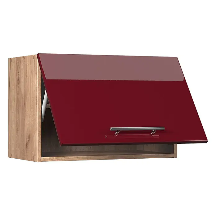 Hängeschrank Fame-Line 60 cm Bordeaux Hochglanz Art.-Nr. 61556 -  - Hängeschrank mit hellem Holzrahmen und teilweise geöffneter, glänzender roter Tür mit silbernem Griff.