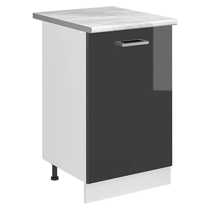 Küchenunterschrank R-Line 50 cm Anthrazit Hochglanz Art.-Nr. 70066 -  - Küchenunterschrank mit weißer Marmor-Arbeitsplatte, dunkelgrauer Hochglanztür mit Silbergriff und weißer Seitenwand und Sockelblende.