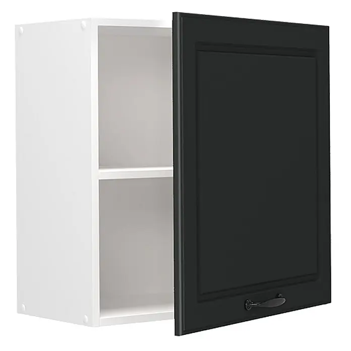 Hängeschrank R-Line 60 cm Anthrazit Landhaus Art.-Nr. 65776 -  - Weißer Wandschrank mit zwei Fächern und einer geöffneten schwarzen Tür mit Zierrahmen und Griff.
