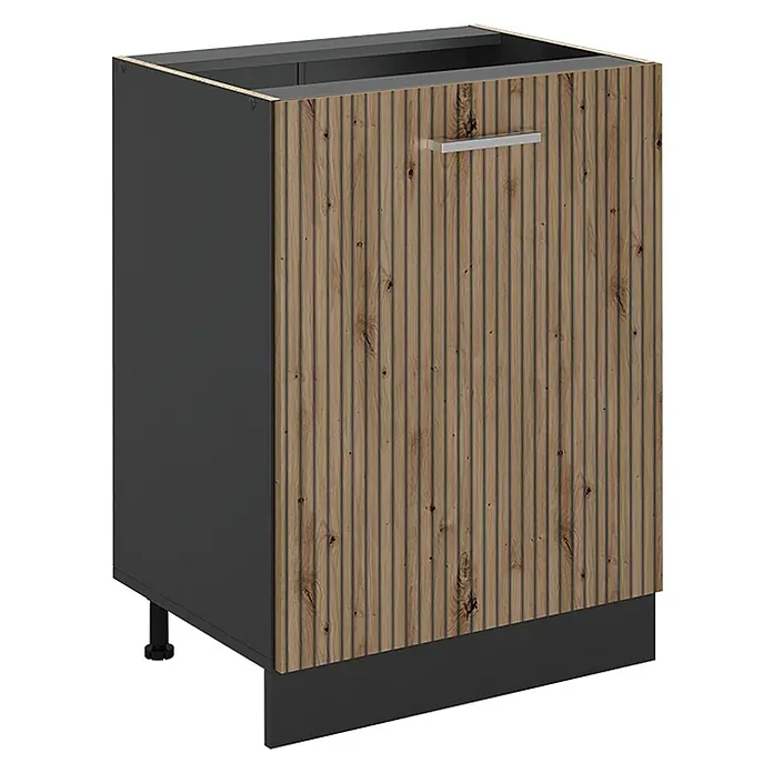 Küchenunterschrank R-Line 60 cm Artisan-Eiche Art.-Nr. 72022 -  - Dunkelgrauer Unterschrank mit geriffelter Naturholzoptik-Front und silbernem Griff.