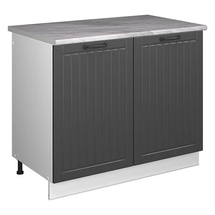 Spülenunterschrank Fame-Line 100 cm Dunkelgrau Art.-Nr. 61907 -  - Dunkelgrauer Küchenunterschrank mit zwei Kassettentüren, schwarzen Griffen und einer Marmor-Arbeitsplatte.