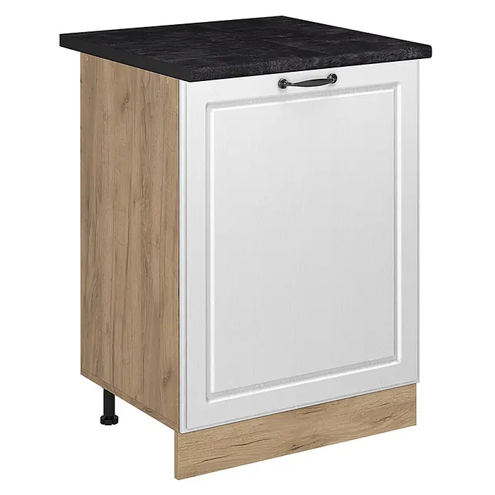 Küchenunterschrank R-Line 60 cm Weiß Landhaus Art.-Nr. 72183 -  - Weißer Küchenunterschrank mit dunkler Arbeitsplatte, heller Holzmaserung Seitenwand und Sockel. Verfügt über eine Kassettentür mit dunklem Griff.
