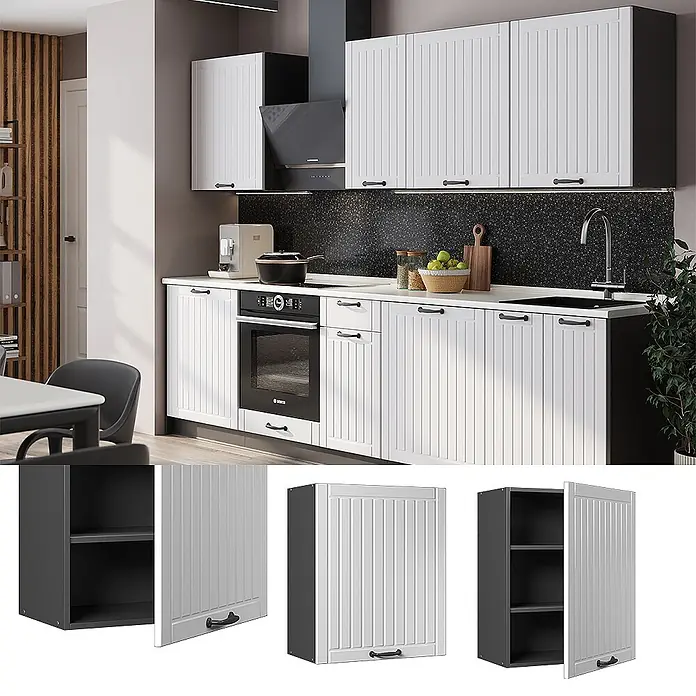 Hängeschrank Fame-Line 60 cm Weiß Landhaus Art.-Nr. 62850 -  - Weißer gerillter Küchenschrank mit dunklen Griffen, in moderner Küche und einzeln mit dunkelgrauen Innenregalen gezeigt.