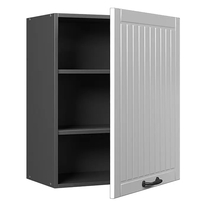 Hängeschrank Fame-Line 60 cm Weiß Landhaus Art.-Nr. 62850 -  - Dunkelgrauer Wandschrank mit offener hellgrauer Lamellentür und schwarzem Griff, der Innenregale zeigt.