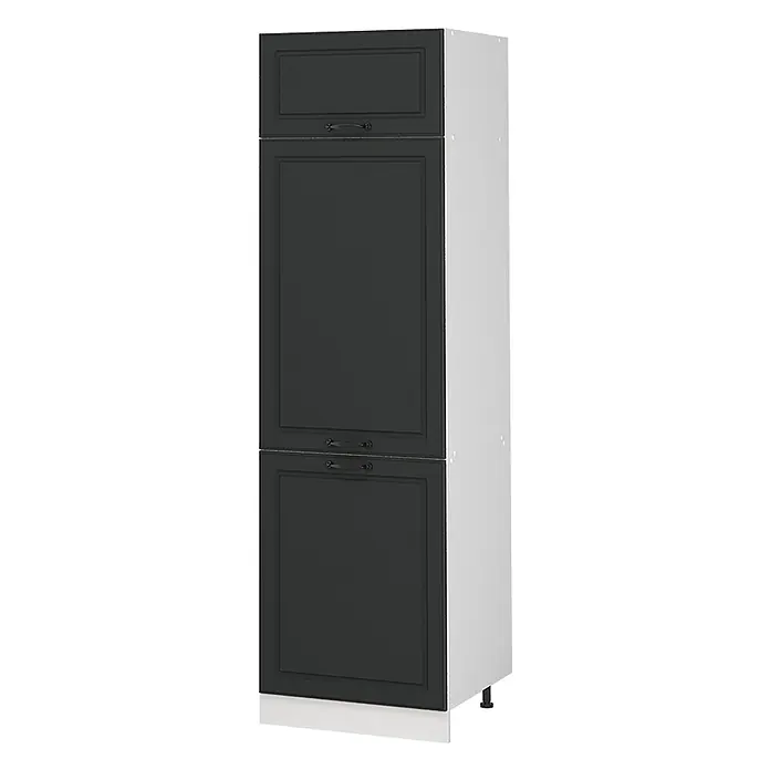 Vorratsschrank R-Line 60 cm Anthrazit Landhaus Art.-Nr. 63175 -  - Hoher schwarzer Schrank mit Kassettentüren und schwarzen Griffen, weiße Seiten, auf Füßen.