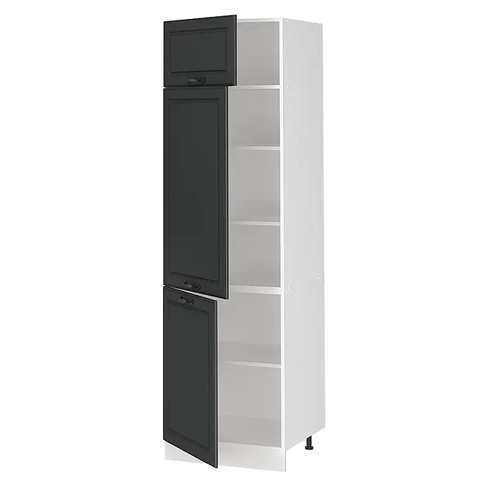 Vorratsschrank R-Line 60 cm Anthrazit Landhaus Art.-Nr. 63175 -  - Hoher Vorratsschrank mit schwarzen Shaker-Türen, eine offen, die weiße Regale zeigt, auf verstellbaren Füßen.