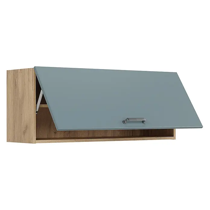 Hängeschrank R-Line 100 cm Blau-Grau Art.-Nr. 63138 -  - Hängeschrank in heller Holzoptik mit geöffneter hellblauer Tür, silbernem Griff und Gasdruckfeder.