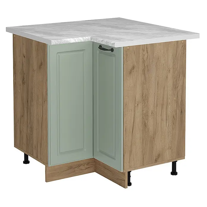 Eckunterschrank R-Line 75.6 cm Mint Landhaus Art.-Nr. 71243 -  - Eck-Küchenunterschrank mit weißer Marmor-Arbeitsplatte, hellen Holzseiten und hellgrünen Kassettentüren mit schwarzem Griff.