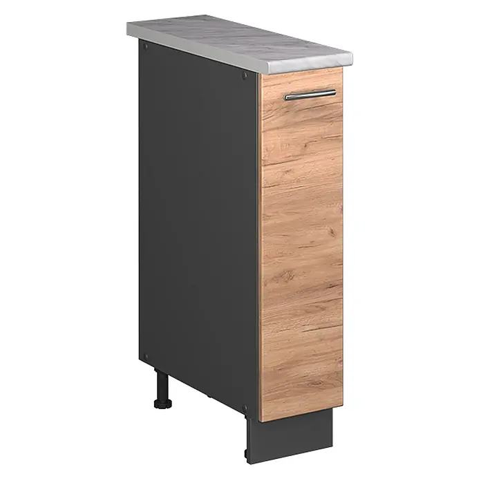 Apothekerschrank Fame-Line 20 cm Goldkraft Eiche Art.-Nr. 62098 -  - Schmaler Küchenunterschrank mit heller Holzmaserungsfront, dunkelgrauem Seitenteil und grauer Marmoroptik-Arbeitsplatte.