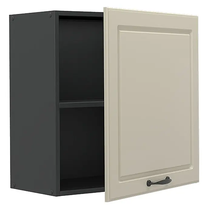 Hängeschrank R-Line 60 cm Sand Landhaus Art.-Nr. 71179 -  - Dunkelgrauer Wandschrank mit offener hellbeiger Kassettentür und schwarzem Griff, der ein Innenregal zeigt.