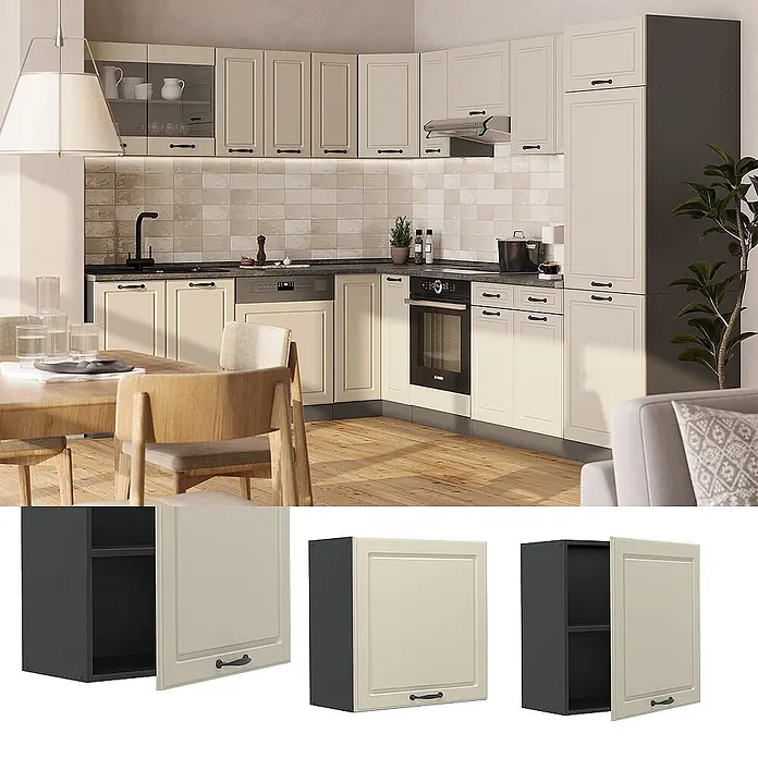 Hängeschrank R-Line 60 cm Sand Landhaus Art.-Nr. 71179 -  - Creme Küchenschränke mit dunkelgrauen Elementen, gezeigt als komplette Küche und als einzelne Hängeschränke mit offenen und geschlossenen Türen.