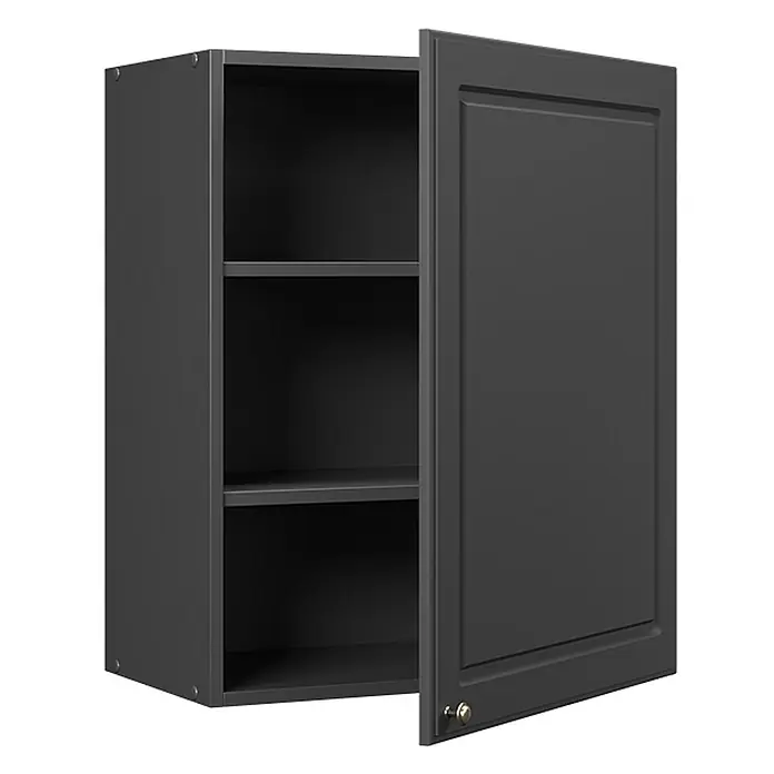 Hängeschrank Fame-Line 60 cm Anthrazit-Gold Landhaus Art.-Nr. 62842 -  - Grauer Wandschrank mit drei Einlegeböden und teilweise geöffneter Tür mit Zierrahmen.