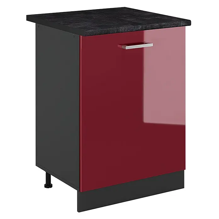 Küchenunterschrank R-Line 60 cm Rot Hochglanz Art.-Nr. 72059 -  - Hochglanzroter Küchenunterschrank mit schwarzer Arbeitsplatte und silbernem Griff.