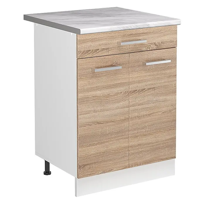 Spülenunterschrank R-Line 60 cm Sonoma Art.-Nr. 73030 -  - Weißer Küchenunterschrank mit heller Holzmaserung, Schublade, zwei Türen, Marmor-Arbeitsplatte und silbernen Griffen.
