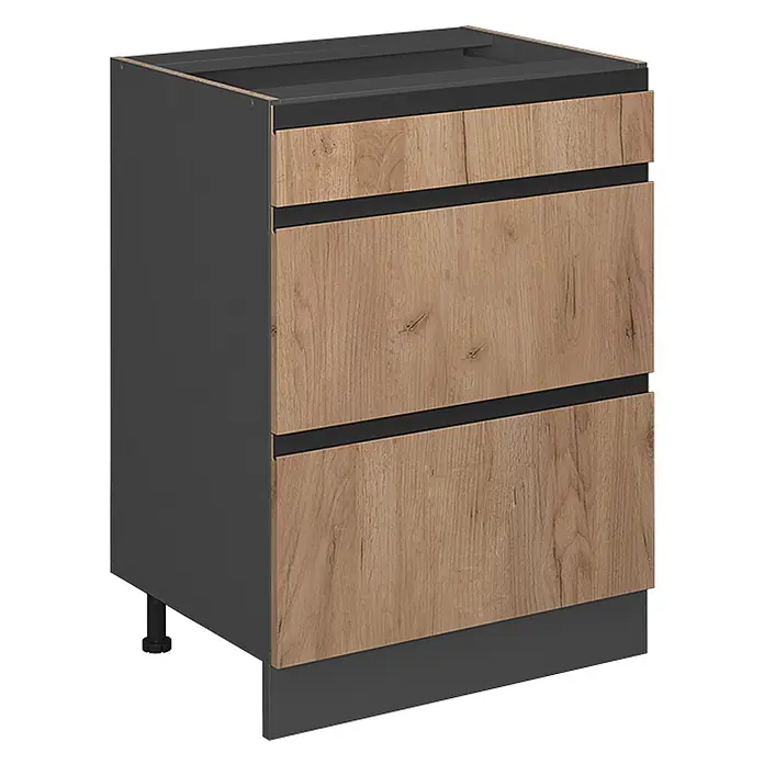 Küchenfront R-Line 59.6 cm Goldkraft Eiche Art.-Nr. 39519 -  - Dunkelgrauer Küchenunterschrank mit drei Holzdekor-Schubladenfronten und schwarzen Griffleisten.