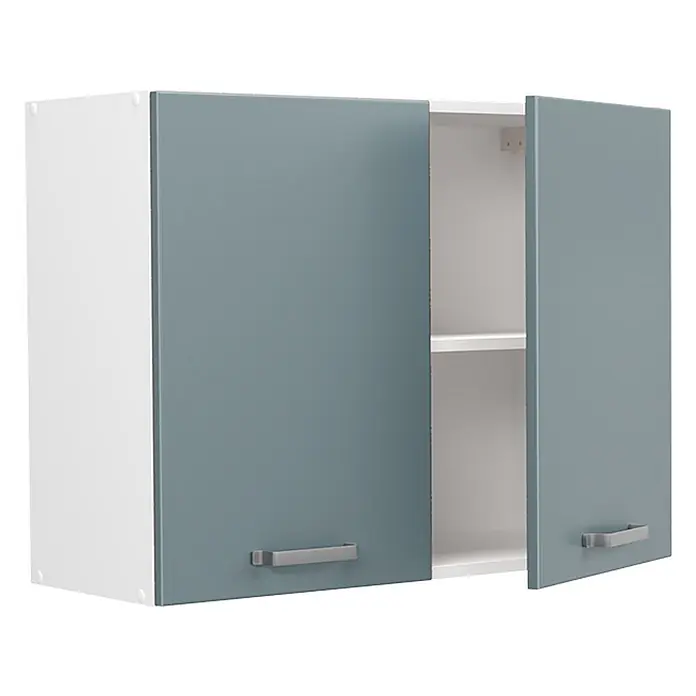 Küchenglasschrank R-Line 80 cm Blau-Grau Art.-Nr. 71454 -  - Weißer Wandschrank mit zwei blaugrauen Türen, eine leicht geöffnet mit Innenregal und silbernen Griffen.