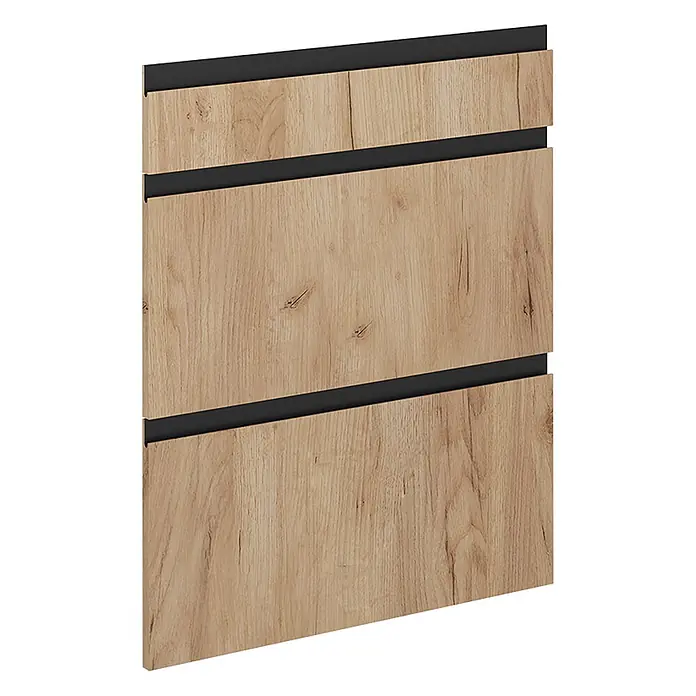 Küchenfront R-Line 59.6 cm Goldkraft Eiche Art.-Nr. 39519 -  - Drei helle Holzmaserung Schubladen- oder Schrankfronten mit integrierten schwarzen Quergriffen.