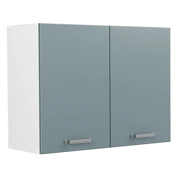 Küchenglasschrank R-Line 80 cm Blau-Grau Art.-Nr. 71454 -  - Zweitüriger Wandschrank mit weißen Seiten und blaugrauen Fronten sowie silbernen Griffen.