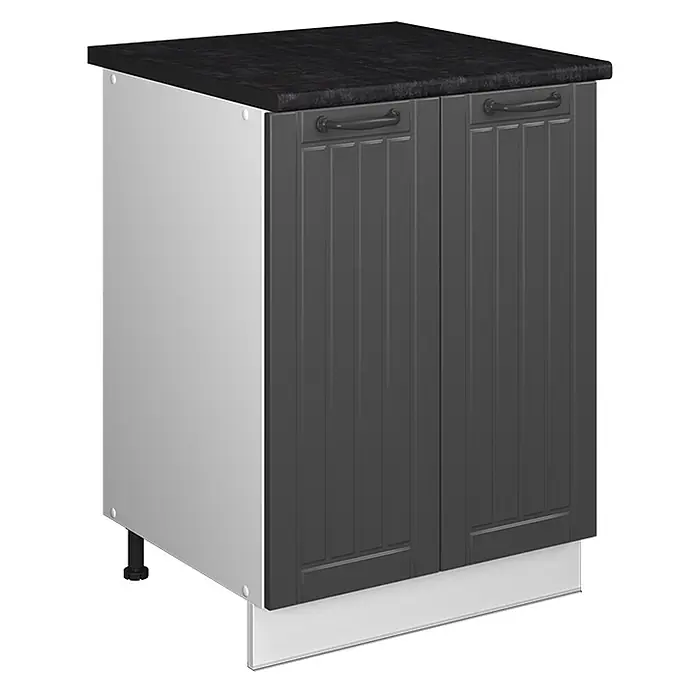 Spülenunterschrank Fame-Line 60 cm Dunkelgrau Art.-Nr. 65086 -  - Dunkelgrauer Küchenunterschrank mit schwarzer Arbeitsplatte, weißer Seitenwand und zwei Türen mit schwarzen Griffen.