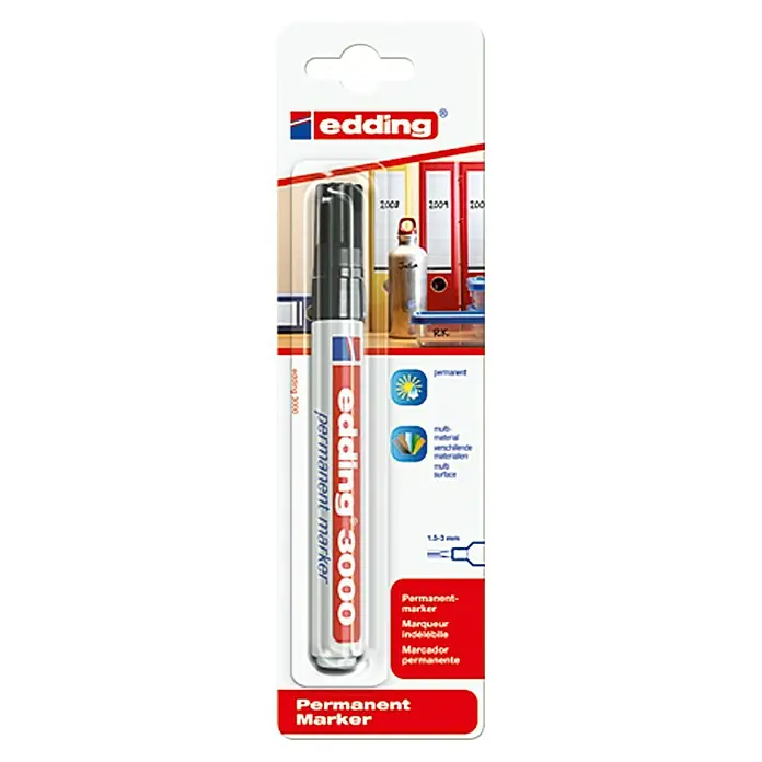 Edding Permanentmarker 3000 - Strichstärke: 1,5 mm - 3 mm, Schwarz - Abbildung eines schwarzen Edding 3000 Permanentmarkers in seiner Originalverpackung, ideal für Markierungen auf verschiedenen Oberflächen.
