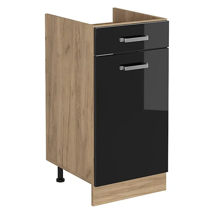 Küchenunterschrank R-Line 40 cm Schwarz Hochglanz Art.-Nr. 61168 -  - Küchenunterschrank mit heller Holzmaserung, schwarzen Hochglanzfronten und silbernen Griffen.