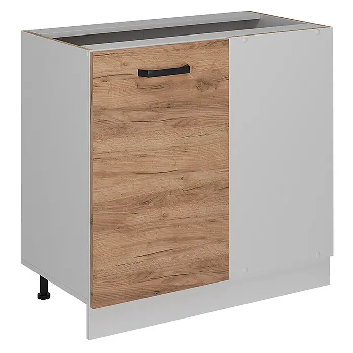 Küchenfront R-Line 39.6 cm Goldkraft Eiche Art.-Nr. 37359 -  - Heller grauer Küchenunterschrank mit hellbrauner Holztür und schwarzem Griff. Mit verstellbaren Füßen.