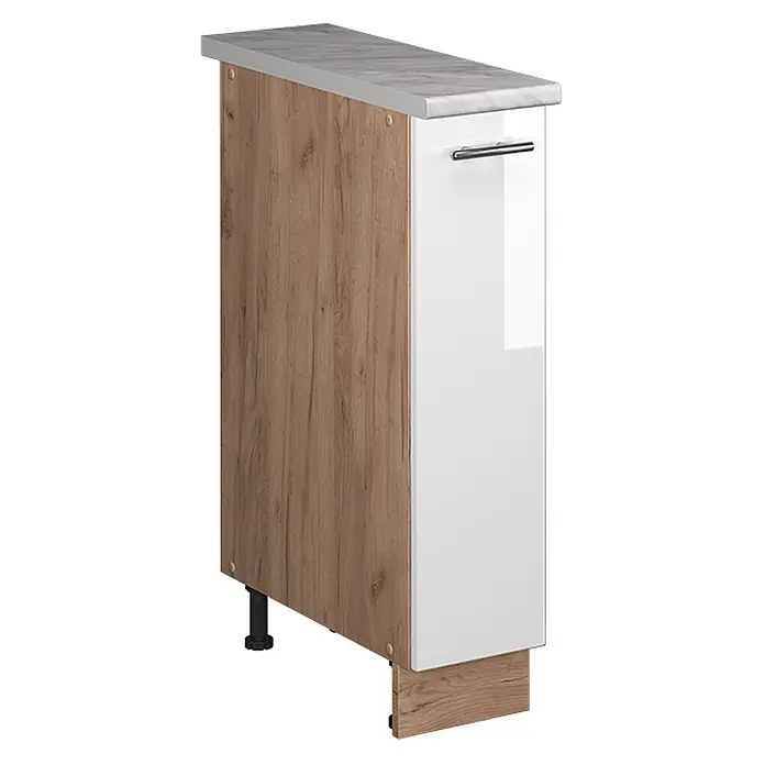 Apothekerschrank Fame-Line 20 cm Weiß Hochglanz Art.-Nr. 62137 -  - Schmaler Küchenunterschrank mit Holzoptik-Seitenwand, weiß glänzender Tür und grauer Marmor-Arbeitsplatte.