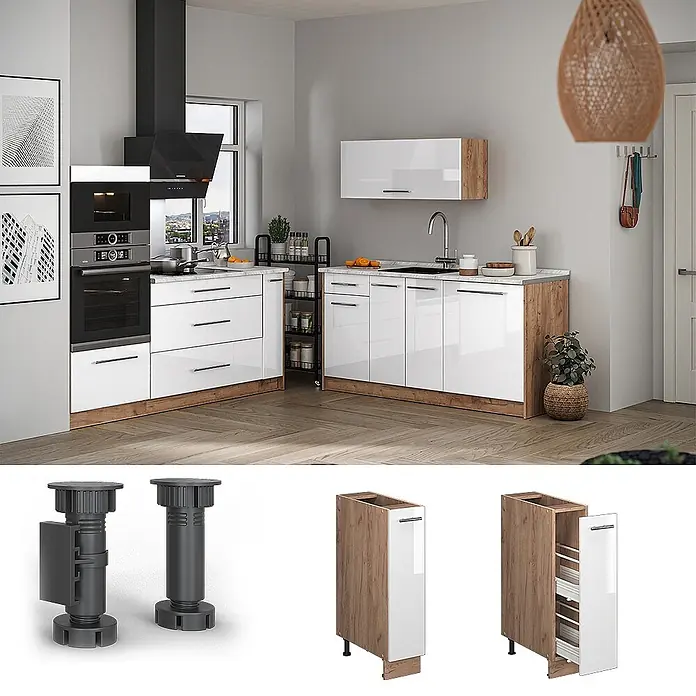 Apothekerschrank Fame-Line 20 cm Weiß Hochglanz Art.-Nr. 62137 -  - Moderne Küche mit weißen Hochglanzschränken, Holzakzenten, verstellbaren Füßen und schmalem Auszugschrank.