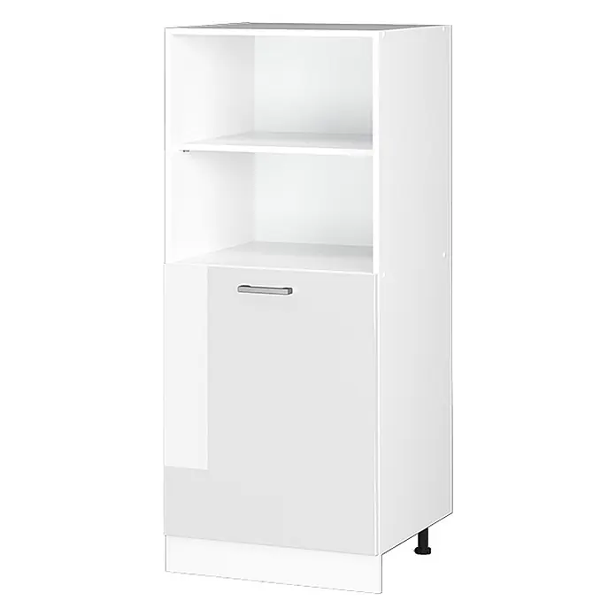 Küchenfront R-Line 59.6 cm Weiß Hochglanz Art.-Nr. 37370 -  - Weißer Schrank mit zwei offenen Regalböden und einem unteren geschlossenen Fach mit silbernem Griff für vielseitigen Stauraum.
