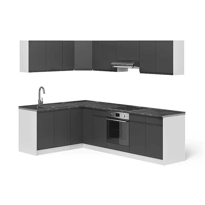 Eckküche R-Line 267 cm Anthrazit Art.-Nr. 70576 -  - Anthrazitfarbene L-förmige Küche mit weißer Blende, dunkler Arbeitsplatte, Spüle, Ofen, Kochfeld und Hängeschränken mit Dunstabzugshaube.