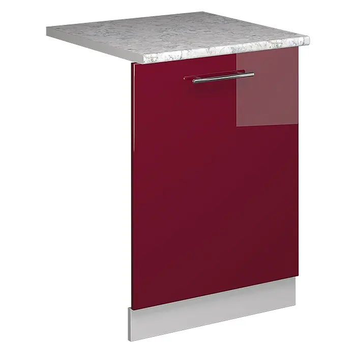 Geschirrspülblende Fame-Line 60 cm Bordeaux Hochglanz Art.-Nr. 54828 -  - Roter Hochglanz-Unterschrank mit heller Marmoroptik-Arbeitsplatte, Chromgriff und grauer Sockelleiste.