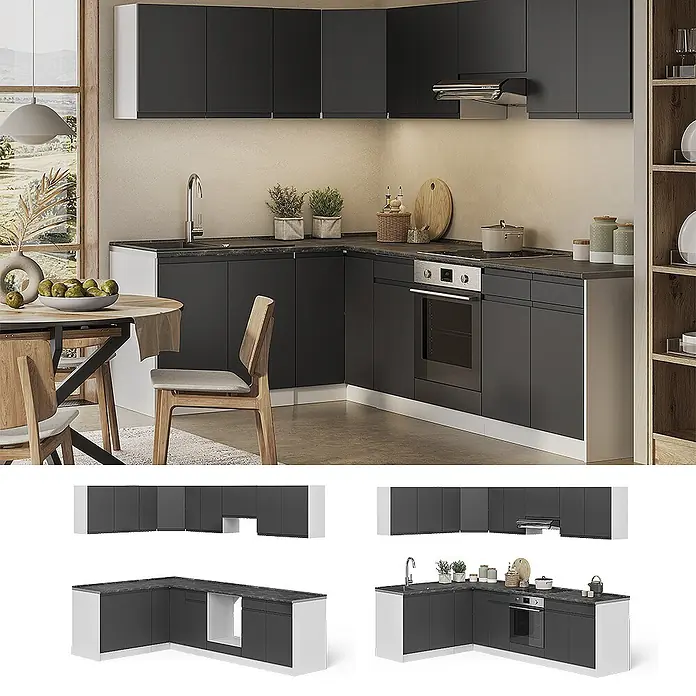 Eckküche R-Line 267 cm Anthrazit Art.-Nr. 70576 -  - Moderne L-Küche mit dunkelgrauen Schränken, weißen Akzenten und integrierten Geräten, in einem Essbereich.