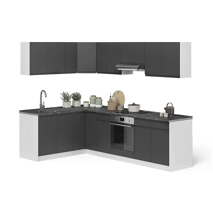 Eckküche R-Line 267 cm Anthrazit Art.-Nr. 70576 -  - Moderne L-förmige Küche mit dunkelgrauen Unter- und Hängeschränken, weißen Seitenwänden und dunkler Arbeitsplatte, inkl. Spüle, Ofen und Kochfeld.