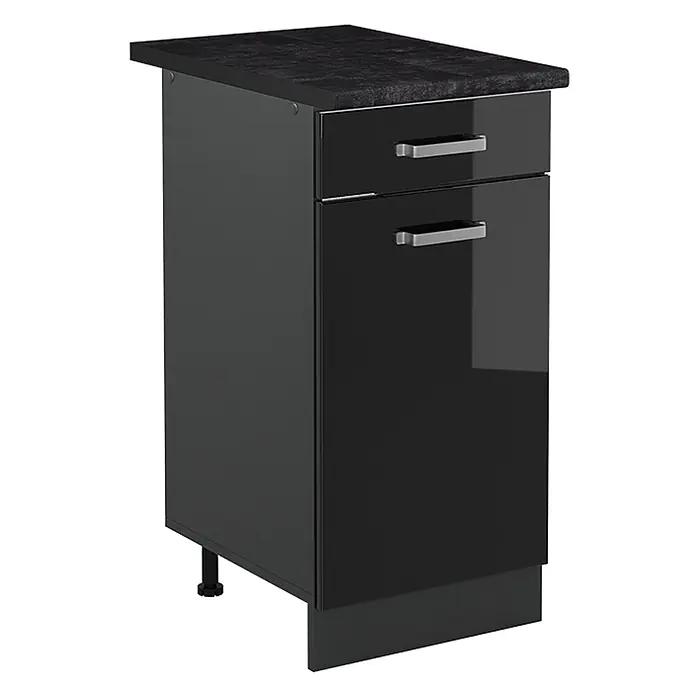 Küchenunterschrank R-Line 40 cm Schwarz Hochglanz Art.-Nr. 61066 -  - Schwarzer glänzender Küchenunterschrank mit dunkler strukturierter Arbeitsplatte, einer Schublade und einer Tür.