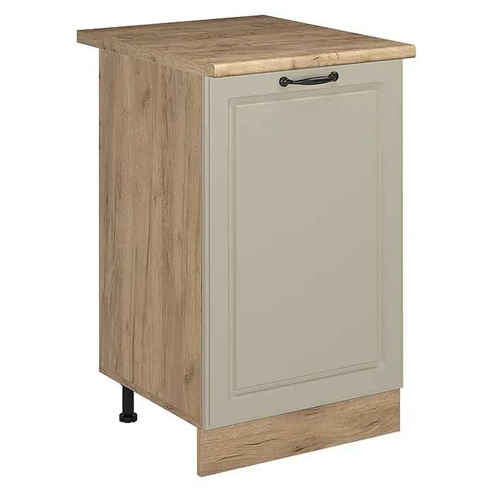 Küchenunterschrank R-Line 50 cm Sand Landhaus Art.-Nr. 72293 -  - Küchenunterschrank mit heller Holzoptik-Arbeitsplatte und Seitenwand, hellgrauer Tür und schwarzem Griff.