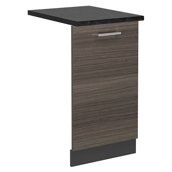 Geschirrspülblende R-Line 45 cm Edelgrau Art.-Nr. 55026 -  - Dunkler Holzmaserungsschrank mit schwarzer Arbeitsplatte, Metallgriff und dunklem Sockel.