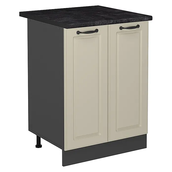 Küchenunterschrank R-Line 60 cm Sand Landhaus Art.-Nr. 71129 -  - Dunkelgrauer Küchenunterschrank mit hellbeigen Kassettentüren, dunklen Griffen und dunkler Arbeitsplatte.