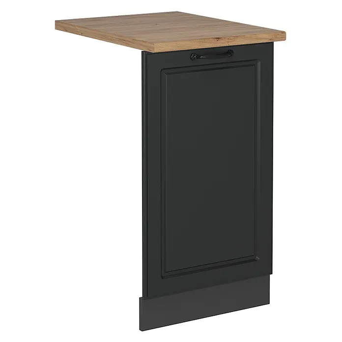 Geschirrspülblende R-Line 45 cm Anthrazit Landhaus Art.-Nr. 55033 -  - Dunkelgrauer Küchenunterschrank mit heller Holzoptik-Arbeitsplatte und schwarzem Griff.
