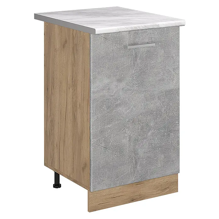 Küchenunterschrank R-Line 50 cm Beton Art.-Nr. 70321 -  - Küchenunterschrank mit heller Holzoptik-Seite, grauer Betonoptik-Front, weißer Marmoroptik-Arbeitsplatte und silbernem Griff.