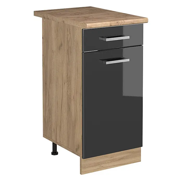 Küchenunterschrank R-Line 40 cm Anthrazit Hochglanz Art.-Nr. 61140 -  - Küchenunterschrank mit zwei Schubladen, Eichenholz-Optik oben/seitlich und dunkelgrauen Hochglanzfronten.
