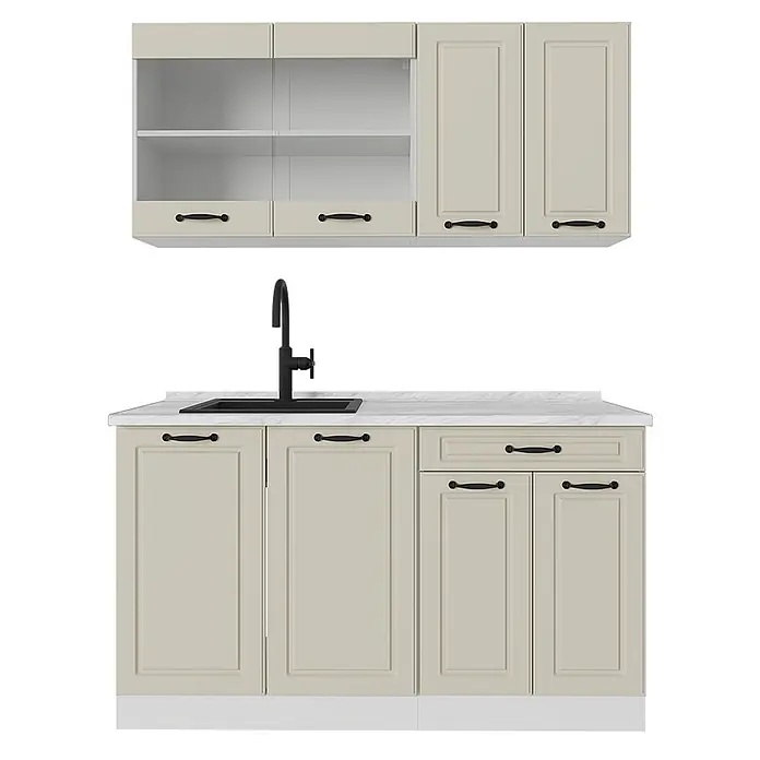 Singleküche R-Line 140 cm Sand Landhaus Art.-Nr. 71046 -  - Beiges Küchenschrank-Set: Oberschränke, Unterschränke mit schwarzer Spüle, schwarzen Griffen, Marmoroptik-Arbeitsplatte.