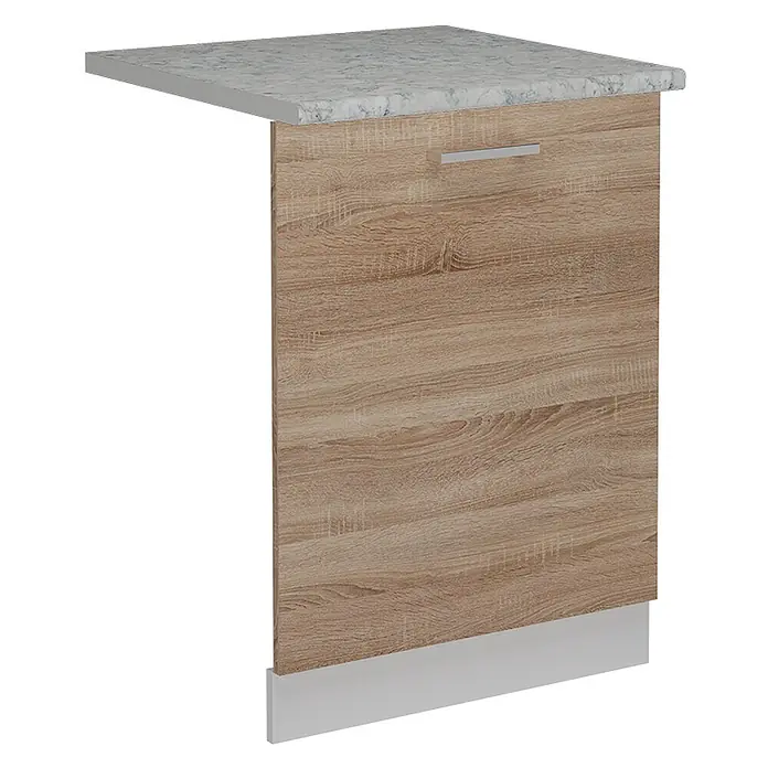Geschirrspülblende R-Line 60 cm Sonoma Art.-Nr. 55005 -  - Küchenunterschrank-Seitenwand in heller Holzmaserung mit grauer Marmoroptik-Arbeitsplatte und silbernem Griff, mit grauer Sockelleiste.