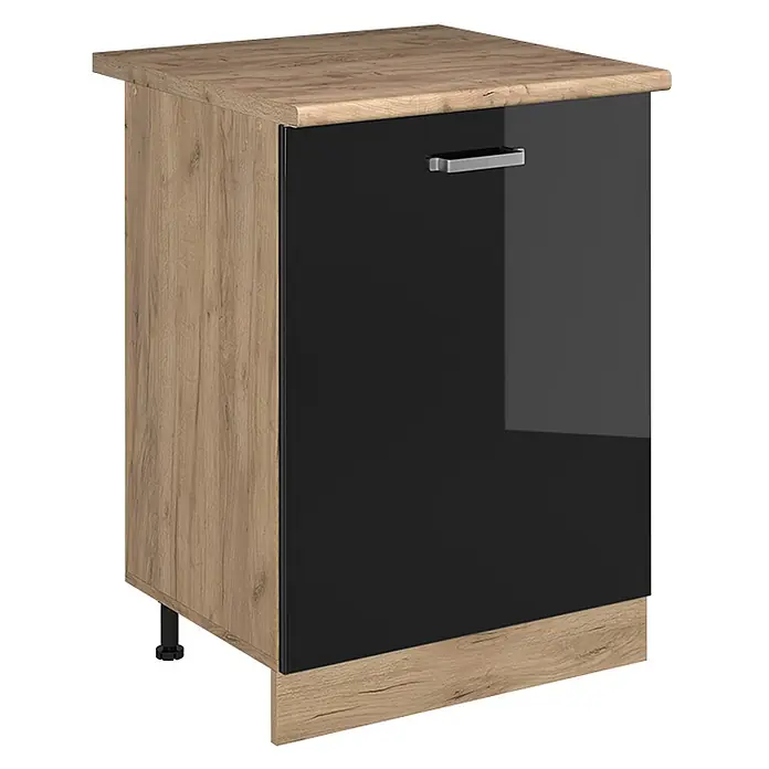 Küchenunterschrank R-Line 60 cm Schwarz Hochglanz Art.-Nr. 72200 -  - Küchenunterschrank mit Holzoptik-Seiten und -Platte, schwarzer Hochglanztür und silbernem Griff.