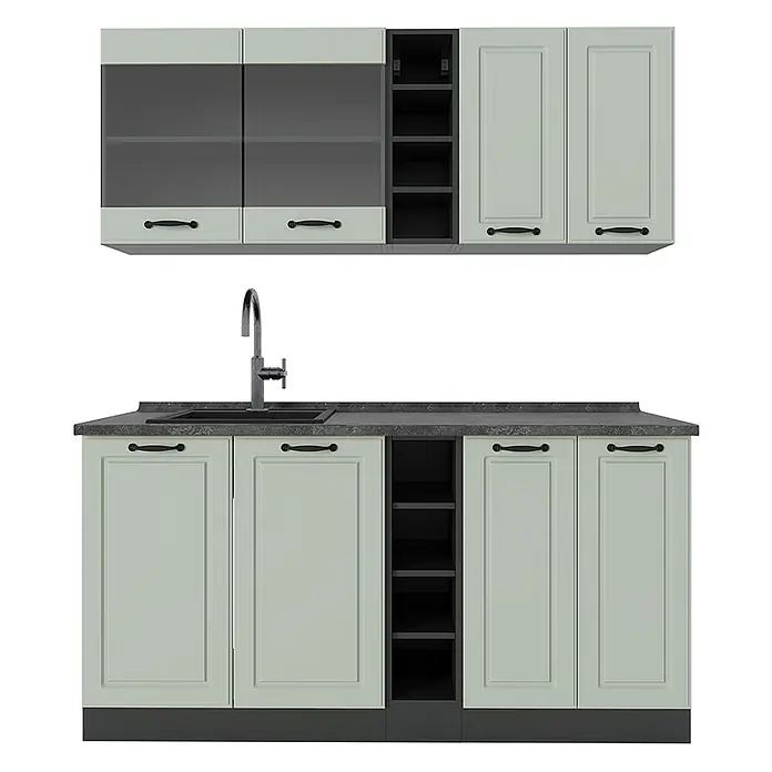 Singleküche R-Line 160 cm Mint Landhaus Art.-Nr. 71000 -  - Hellgrüne Küchenschrank-Garnitur mit dunklen Arbeitsplatten, Spüle, dunklen Glastüren oben und schwarzen Griffen, mit offenen Regalen.