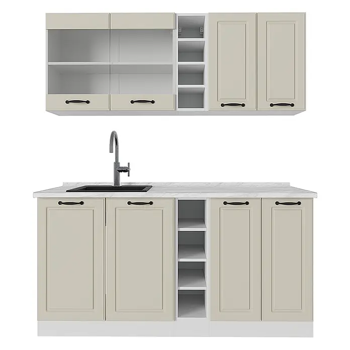 Singleküche R-Line 160 cm Sand Landhaus Art.-Nr. 71022 -  - Modulare cremefarbene Küchenschrankgarnitur mit weißer Arbeitsplatte und schwarzem Spülbecken, bietet diverse Aufbewahrungsmöglichkeiten.