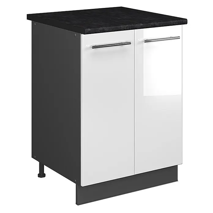 Spülenunterschrank Fame-Line 60 cm Weiß Hochglanz Art.-Nr. 65281 -  - Weißer Hochglanz-Unterschrank mit zwei Türen, dunkelgrauem Korpus, schwarzer Arbeitsplatte und silbernen Griffen.